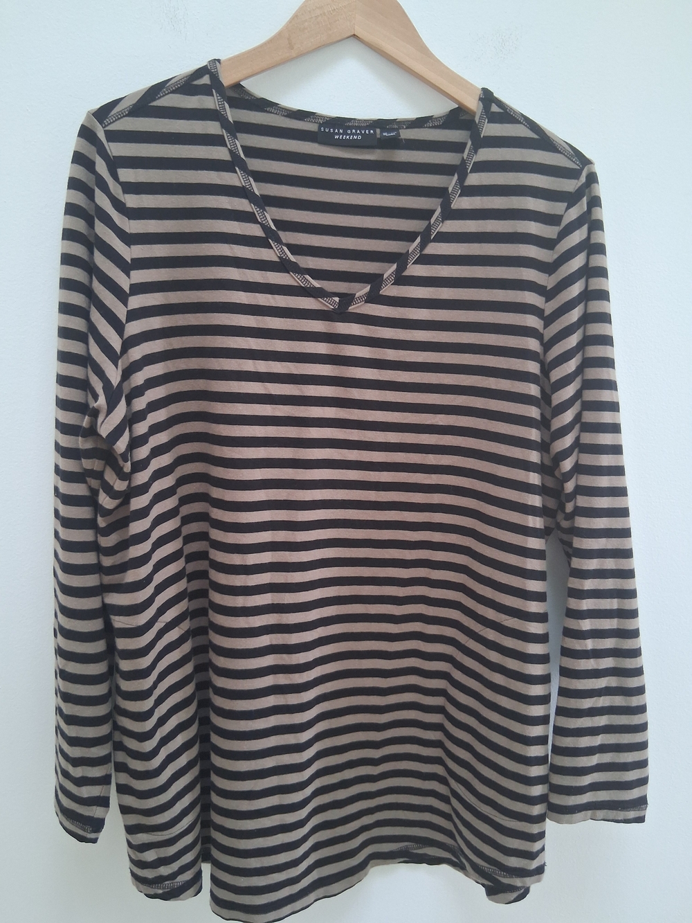 Susan Graver Weekend Women's Striped V-Neck Top Knitted Pockets Black Brown XL